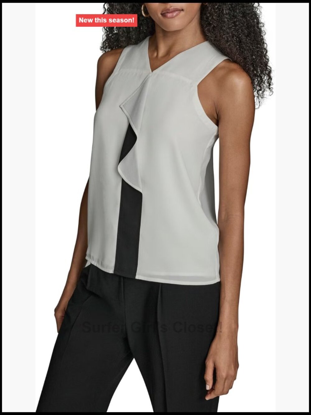 BCBG Sleeveless V-Neck Contrast Ruffle Front Woven Blouse